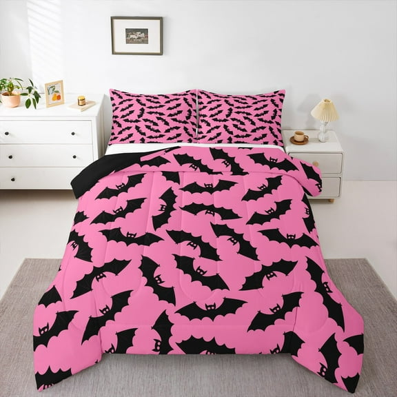 Manfei Horror Bat Bedding Comforter Set,Halloween Theme Twin Comforter Sets,Black Pink Bedding Set For Teens Boys,Super Cozy Room Decor Reversible,2 Pieces