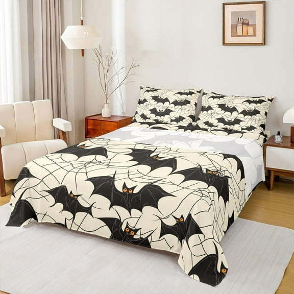 Manfei Horror Bat Child Twin Sheet Sets, Cartoon Spider Web Twin Fitted Sheet, Gothic Halloween Theme Flat Sheet, Breathable Home Decor, 3pcs