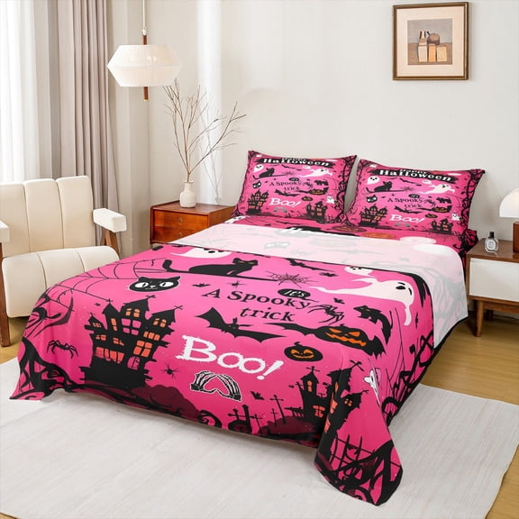 Manfei Horror Ghost Child Twin Sheet Sets, Spooky Trick Cat Twin Fitted Sheet, Cartoon Pink Halloween Flat Sheet, Ultra Soft Home Decor, 3-Piece