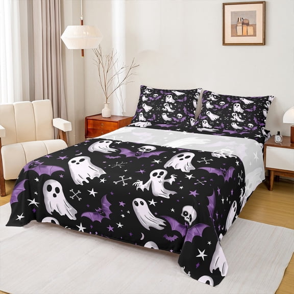 Manfei Horror Ghost Skeleton Twin Sheet Sets,Spooky Halloween Bat Twin Fitted Sheet,Trick Or Treat Flat Sheet For Kids,Luxury Bedroom Decor,3pcs