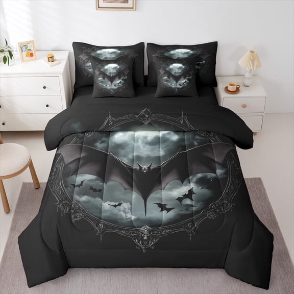 Manfei Horror Gothic Bat 7-Piece Bedding Comforter Set,Spooky Halloween King Bedding Sets,Kids Black Bed Sheets,Luxury Bedroom Decor Reversible