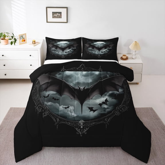 Manfei Horror Gothic Bat Bedding Comforter Set,Spooky Halloween Twin Comforter Sets,Kids Black Bedding Set,Luxury Bedroom Decor Reversible,2pcs