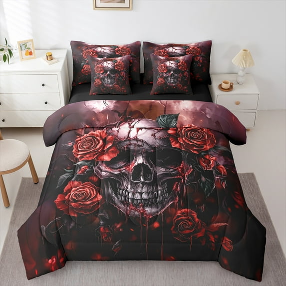 Manfei Horror Gothic Skeleton 7-Piece Bedding Comforter Set,Red Vintage Flower King Bedding Sets,Halloween Skull Bed Sheets For Boys Girls,Luxury Bedroom Decor Reversible