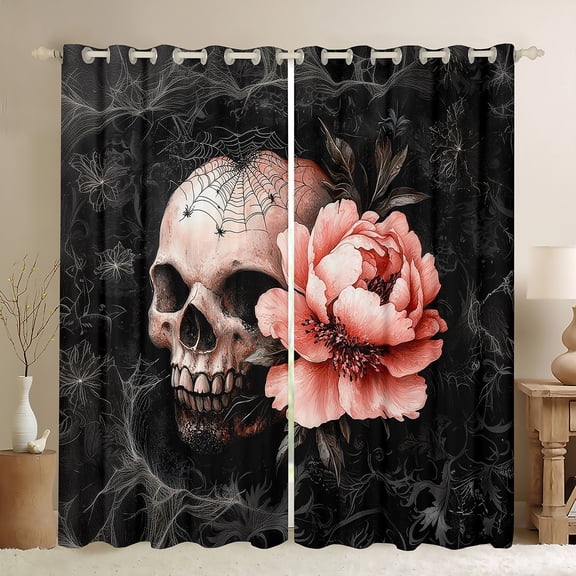 Manfei Horror Gothic Skull Black Out Curtains,Rustic Floral Flower Curtains Pack of 2 (42x63 Each),Spooky Halloween Spider Webs Bedroom Curtains For Teens,Breathable Home Decor
