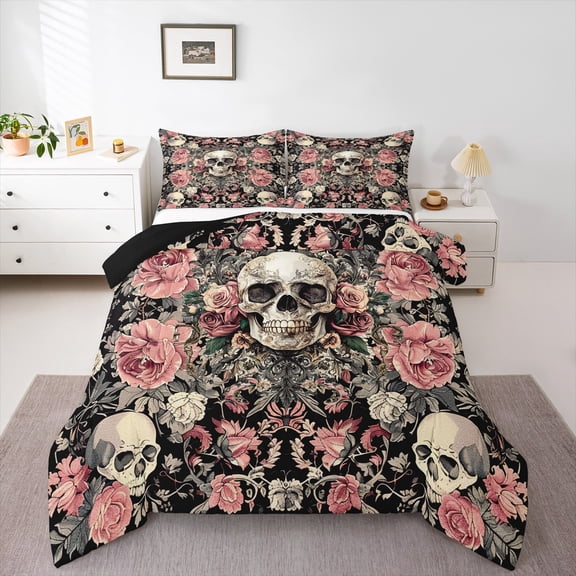 Manfei Horror Halloween Skull Bedding Comforter Set,Romantic Flower Rose Twin Comforter Sets,Gothic Theme Bedding Set For Teens,Microfiber Bedroom Decor Reversible,2pcs