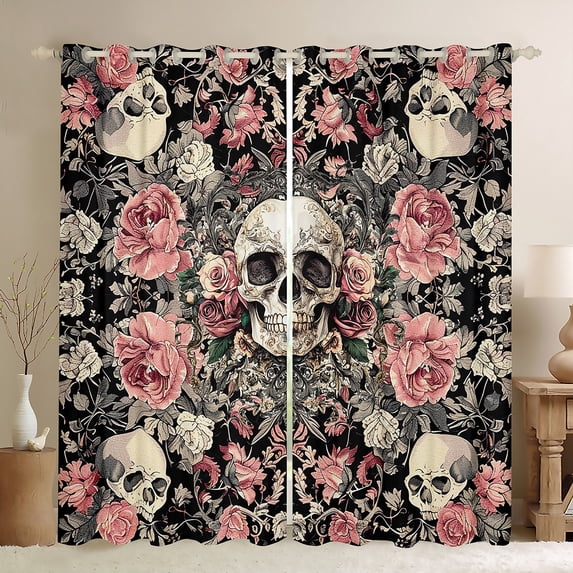 Manfei Horror Halloween Skull Blackout Curtains Set of 2 (52x84 Each),Romantic Flower Rose Window Curtains,Gothic Theme Curtains and Drapes For Teens,Microfiber Bedroom Decor