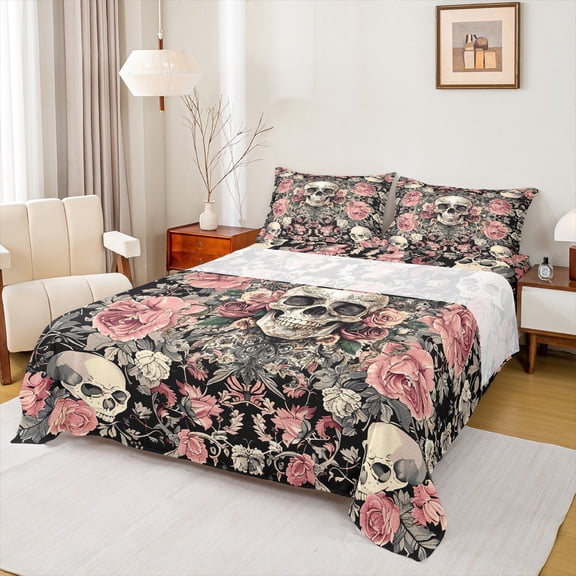 Manfei Horror Halloween Skull Queen Sheet Sets,Romantic Flower Rose Flat Sheet,Gothic Theme Queen Fitted Sheet For Teens,Microfiber Bedroom Decor,4 Pieces