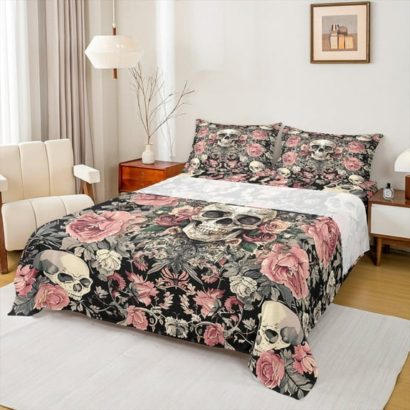 Manfei Horror Halloween Skull Twin Sheet Sets,Romantic Flower Rose Twin Fitted Sheet,Gothic Theme Flat Sheet For Teens,Microfiber Bedroom Decor,3pcs
