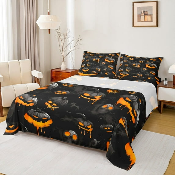 Manfei Horror Pumpkin Child Full Size Sheets, Gothic Bat Cat Print Bed Sheets, Sugar Halloween Sheet Sets, Lightweight Room Decor, 4-Piece