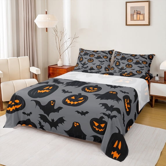 Manfei Horror Pumpkin Child Twin Sheet Sets, Gothic Bat Ghost Print Twin Fitted Sheet, Sugar Halloween Flat Sheet, Lightweight Room Decor, 3-Piece