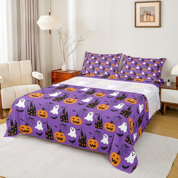 Manfei Horror Pumpkin Ghost Queen Sheet Sets for Kid, Gothic Castle Print Flat Sheet, Sugar Halloween Queen Fitted Sheet, Breathable Home Decor, 4pcs