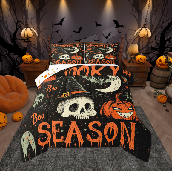 Manfei Horror Skull Skeleton Queen Comforter Set for Kids, Halloween Pumpkin Bedding Sets, Cartoon Ghost Reversible Bedding Comforter Set, Lightweight Room Decor, 3 Pieces