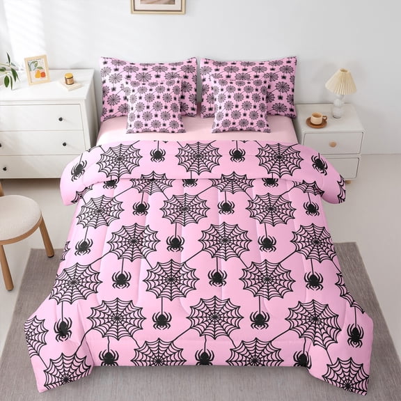 Manfei Horror Spider Web 7-Piece Bedding Comforter Set,Halloween Theme King Bedding Sets,Pink Black Bed Sheets For Teens Boys,Super Cozy Room Decor Reversible