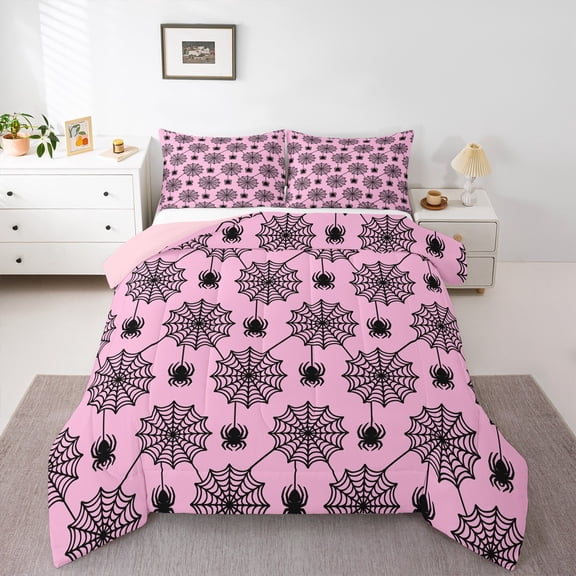 Manfei Horror Spider Web Bedding Comforter Set,Halloween Theme Twin Comforter Sets,Pink Black Bedding Set For Teens Boys,Super Cozy Room Decor Reversible,2pcs