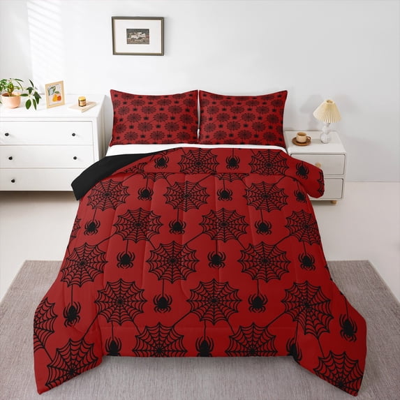 Manfei Horror Spider Web Queen Comforter Set,Halloween Theme Bedding Sets,Red Black Bedding Comforter Set For Teens Boys,Super Cozy Room Decor Reversible,3-Piece
