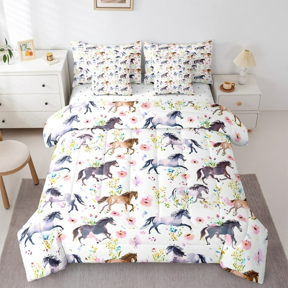 Manfei Horse Racing Child Twin Bedding Sets 7-Piece, Rustic Farmhouse Animal Bedding Comforter Set, Watercolor Floral Reversible Sheet Sets, Super Cozy Room Decor