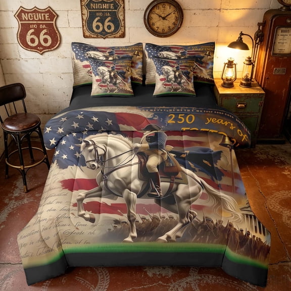 Manfei Horse Twin Bedding, Grunge American Flag Bedding Comforter Set, Multicolor, Black Reversible 7-Piece
