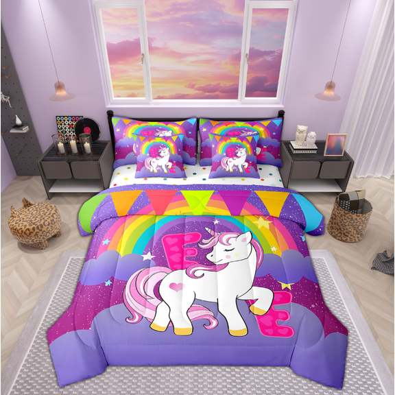 Manfei Hot Pink E Bedding Sets Twin Size, Dreamy Unicorn Animal Comforter Sets with Sheets, Initial Letter Reversible Bedding Twin Size, Breathable Bedroom Decor, 7-Piece