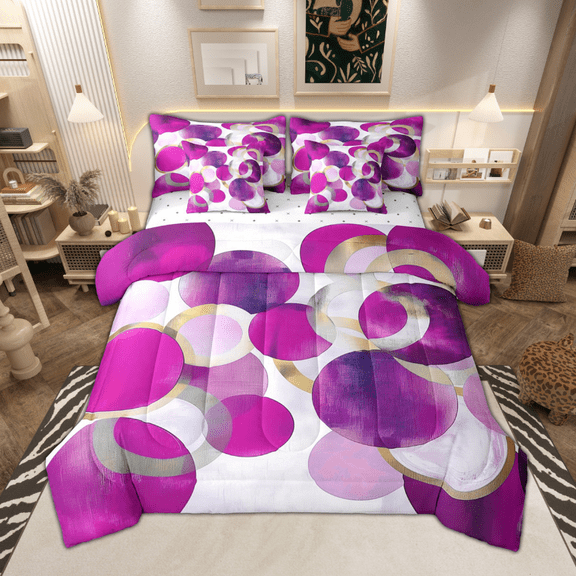 Manfei Hot Pink Gold Circle Bedding Comforter Set 7 Pieces, Modern Abstract Art King Bedding Sets, Geometric Minimalist Bed Sheets, Breathable Home Decor