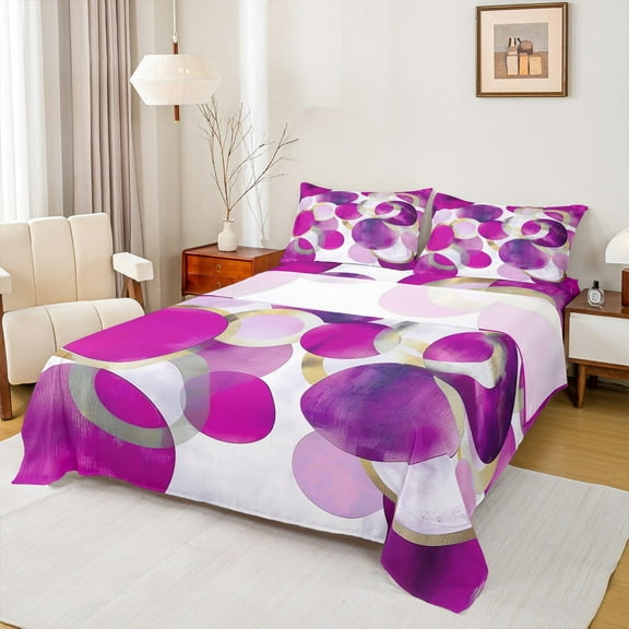 Manfei Hot Pink Gold Circle Queen Sheet Sets 4-Piece, Modern Abstract Art Flat Sheet, Geometric Minimalist Queen Fitted Sheet, Breathable Home Decor