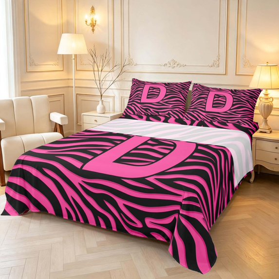 Manfei Hot Pink Monogrammed D King Sheets,Zebra Lines Bedding,4-Piece,1 Flat Sheet,1 Fitted Sheet and 2 Pillowcases