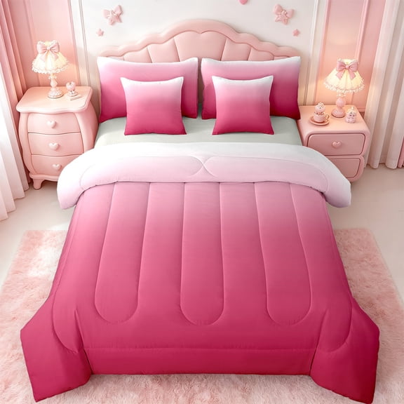 Manfei Hotpink Bed in a Bag Twin Size,White Gradient Bed Set,Modern Abstract Art Bedding Twin Size,Ultra Soft Room Decorative Reversible,7 Pieces