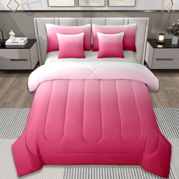 Manfei Hotpink Bed in a Bag Twin Size,White Gradient Bed Set,Modern Abstract Art Bedding Twin Size,Ultra Soft Room Decorative Reversible,7 Pieces