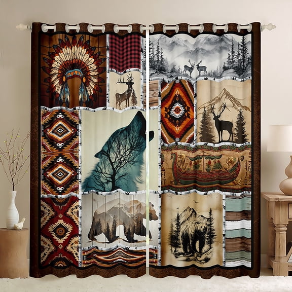 Manfei Howling Wolf Bear Blackout Curtains Set of 2 (52x84 Each), Bohemian Aztec Window Curtains, Rustic Checkered Curtains and Drapes, Luxurious Room Decor