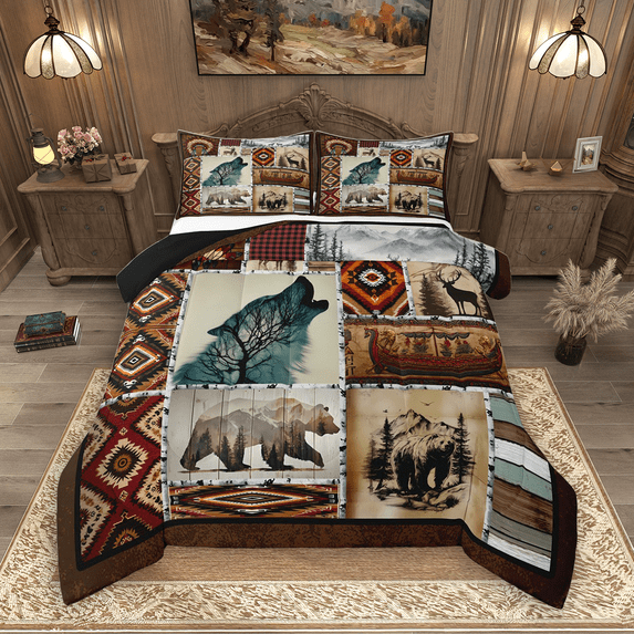 Manfei Howling Wolf Bear Full Size Comforter Sets 3-Piece, Bohemian Aztec Bedding Comforter Set, Rustic Checkered Bedding Sets, Super Cozy Room Decor