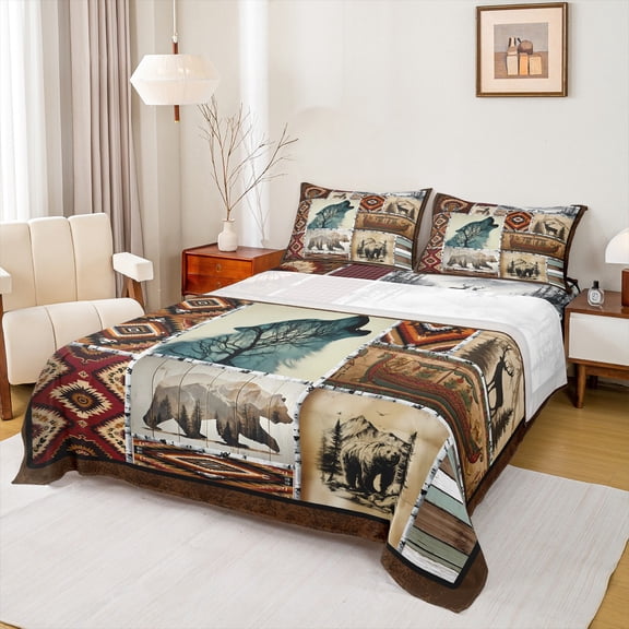 Manfei Howling Wolf Bear Full Size Sheets 4-Piece, Bohemian Aztec Bed Sheets, Rustic Checkered Sheet Sets, Super Cozy Room Decor