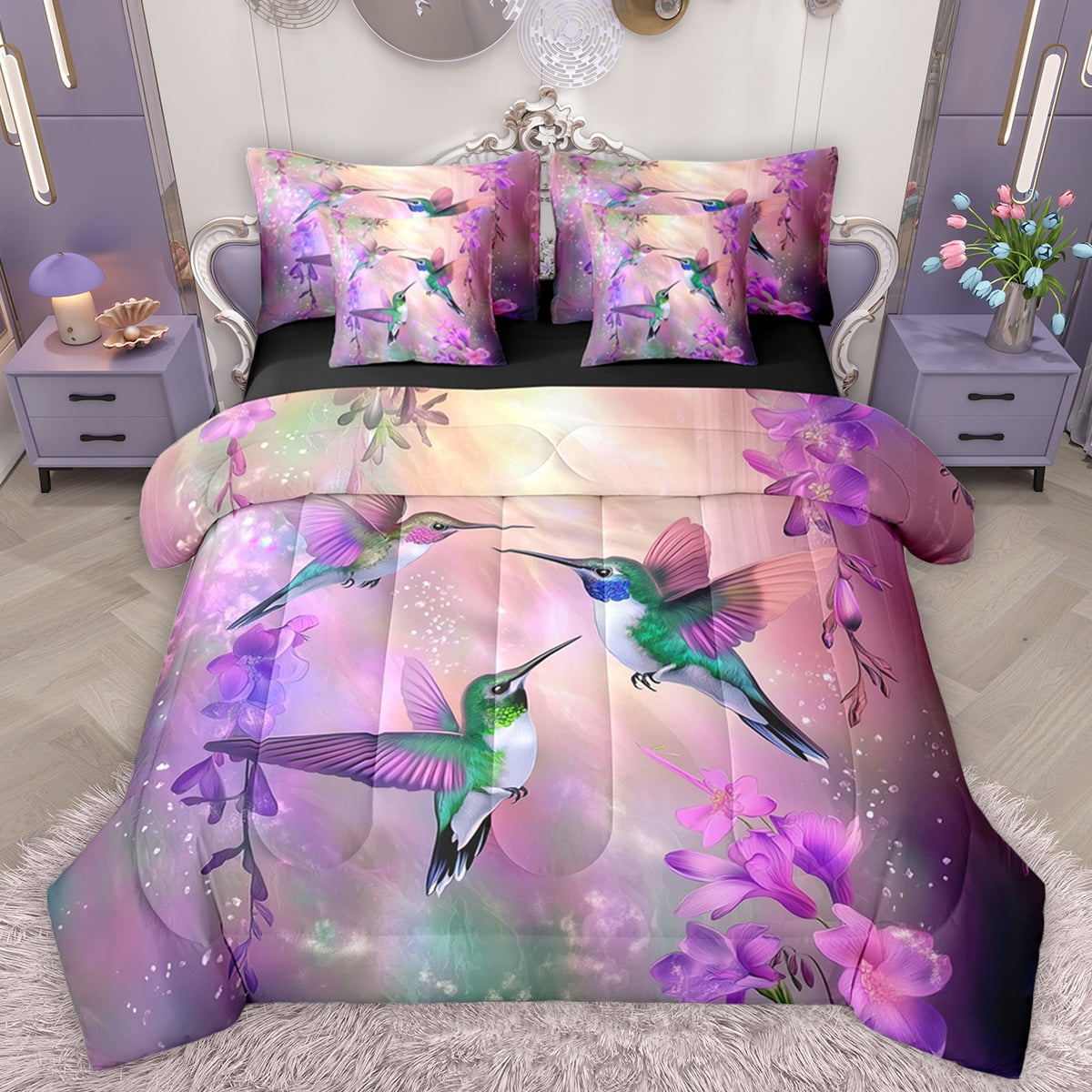 Manfei Hummingbird Bird Bedding Comforter Set 7pcs, Dreamy Purple ...