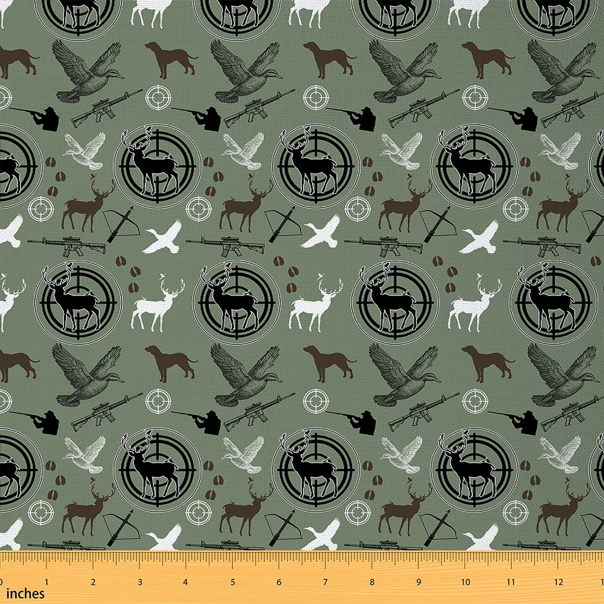 Manfei Hunter Hunting Fabric by the Yard (5 Yards), Mallard Duck Dog Moose Decorative Fabric by the Yard, Green Black White DIY Fabric