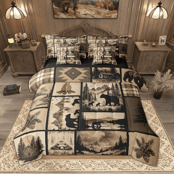 Manfei Hunting Bear Animal Twin Bedding Sets 7pcs, Rustic Farmhouse Bedding Comforter Set, Brown Plaid Sheet Sets, Luxury Bedroom Decor