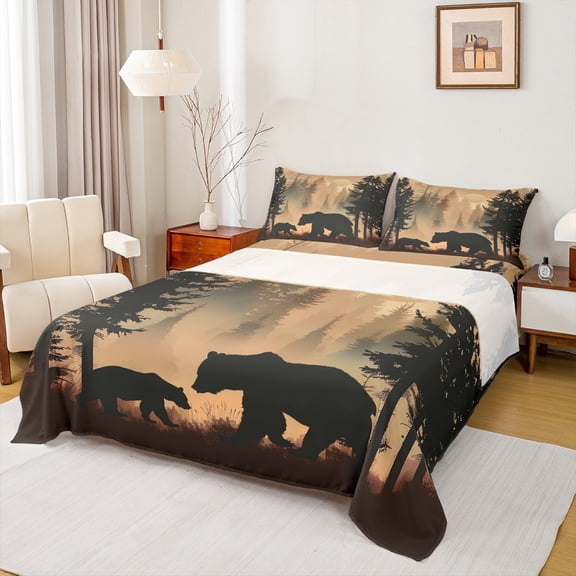 Manfei Hunting Bear Bed Sheets 4pcs, Smoky Jungle King Sheets, Wild Animal Themed Sheet Set, Ultra Soft Home Decor