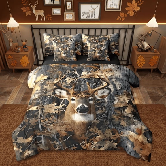 Manfei Hunting Deer 7 Pieces Bedding Comforter Set For Men,Camo Animal Rustic Full Bedding Set Reversible