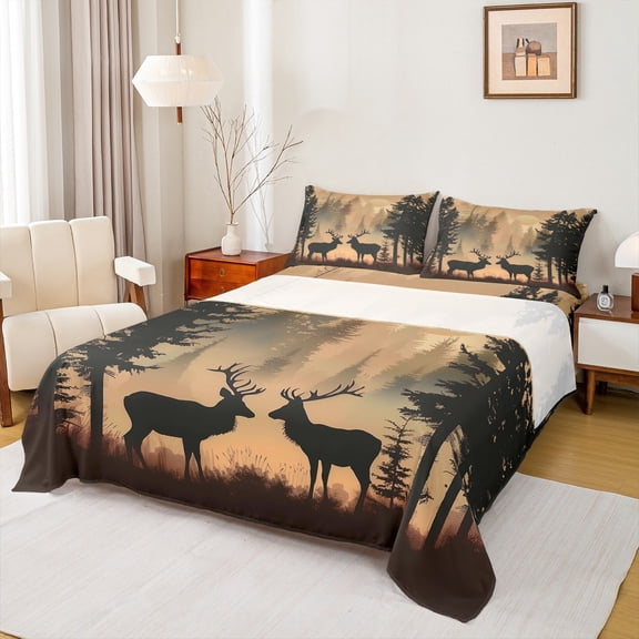 Manfei Hunting Deer Bed Sheets 4pcs, Smoky Jungle King Sheets, Wild Animal Themed Sheet Set, Super Cozy Room Decor