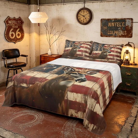 Manfei Hunting Deer Bed Sheets, Vintage American Flag Full Size Sheets, Red Blue Brown, Reversible 4-Piece (1 Flat Sheet, 1 Fitted Sheet and 2 Pillowcases)