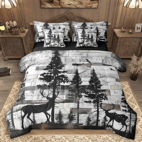 Manfei Hunting Deer Bedding Comforter Set 7pcs, Gray Barn Door Farmhouse King Bedding Sets, Natural Pine Tree Bed Sheets, Breathable Home Decor