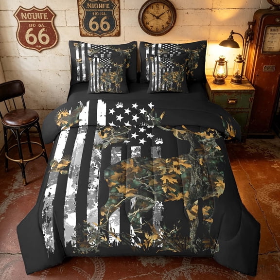 Manfei Hunting Deer King Bedding, Camouflage American Flag King Bed in a Bag, Green Brown Black, Black Reversible 7 Pieces