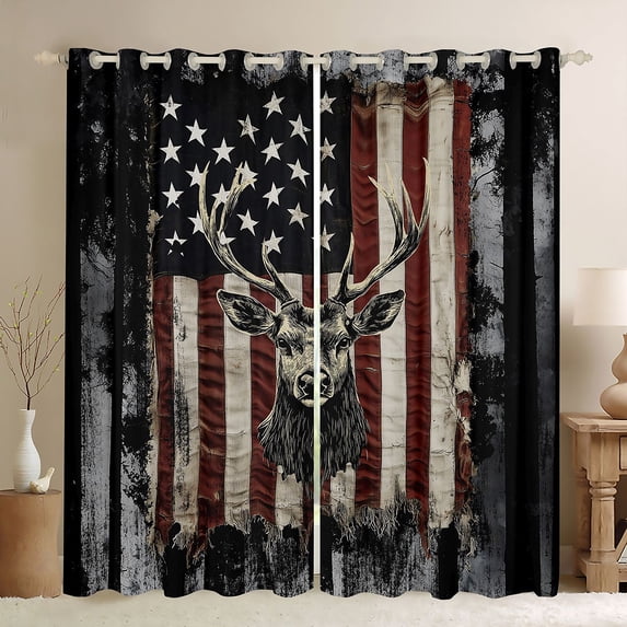 Manfei Hunting Deer Kitchen Curtains, Camo Flag Black Out Curtains Pack of 2 (42x63 Each), Red White Black