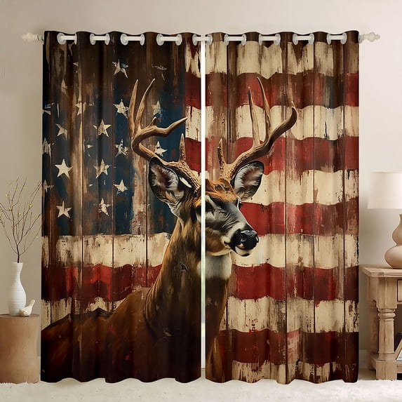 Manfei Hunting Deer Kitchen Curtains, Vintage American Flag Black Out Curtains Pack of 2 (42x63 Each), Red Blue Brown