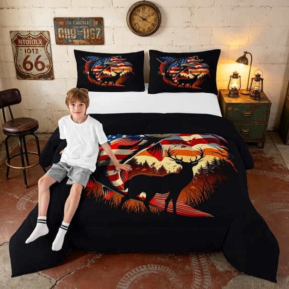 Manfei Hunting Deer Pike Fish Queen Comforter Set, Independence Day Comforter Sets Queen, Red Black Orange, Black Reversible 3pcs, 1 Comforter and 2 Pillowcases