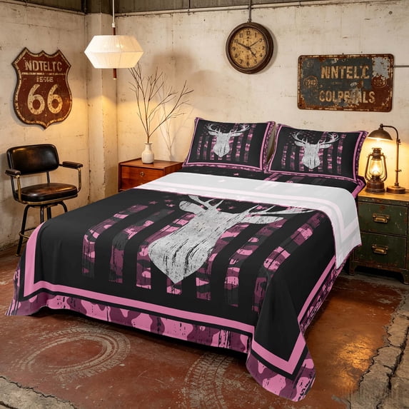 Manfei Hunting Deer Silhouette Bed Sheets, Camo American Flag Full Size Sheets, Pink Purple, Pink Reversible 4-Piece (1 Flat Sheet, 1 Fitted Sheet and 2 Pillowcases)