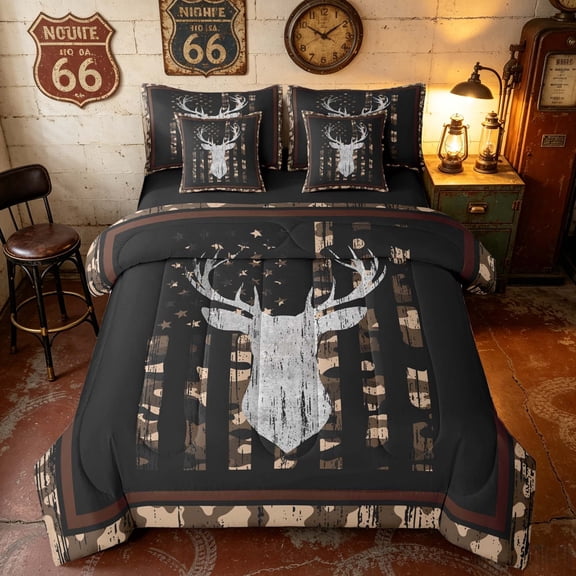 Manfei Hunting Deer Silhouette Full Size Bedding Sets, Camo American Flag Full Size Bed in a Bag, Brown, Black Reversible 7pcs