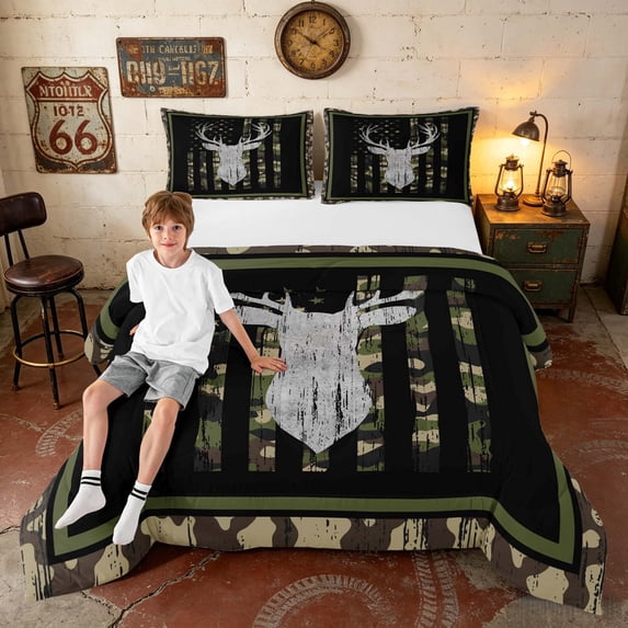 Manfei Hunting Deer Silhouette Full Size Comforter Sets, Camo American Flag Bedding Comforter Set, Camo Green, Black Reversible 3-Piece, 1 Comforter and 2 Pillowcases