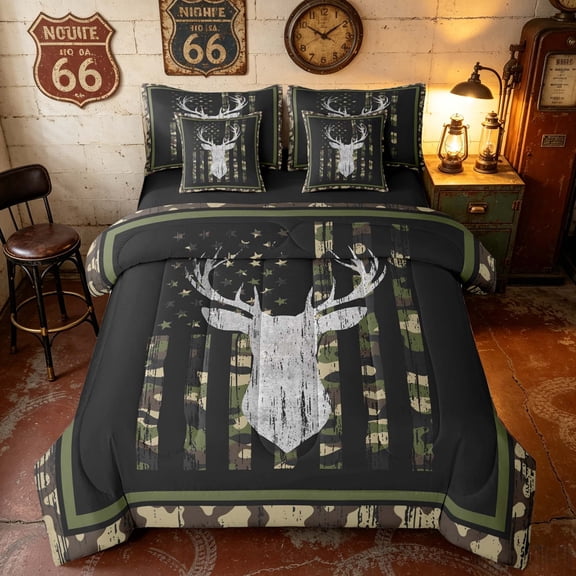 Manfei Hunting Deer Silhouette Twin Bedding, Camo American Flag Bedding Comforter Set, Camo Green, Black Reversible 7 Pieces
