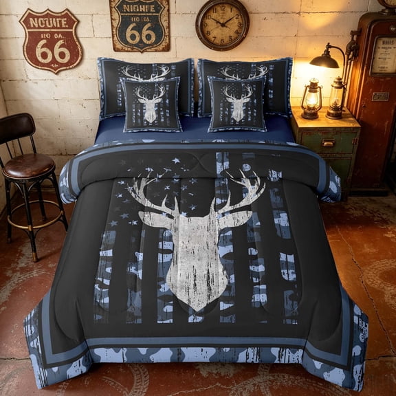 Manfei Hunting Deer Silhouette Twin Bedding, Camo American Flag Bedding Comforter Set, Navy Blue, Navy Reversible 7pcs