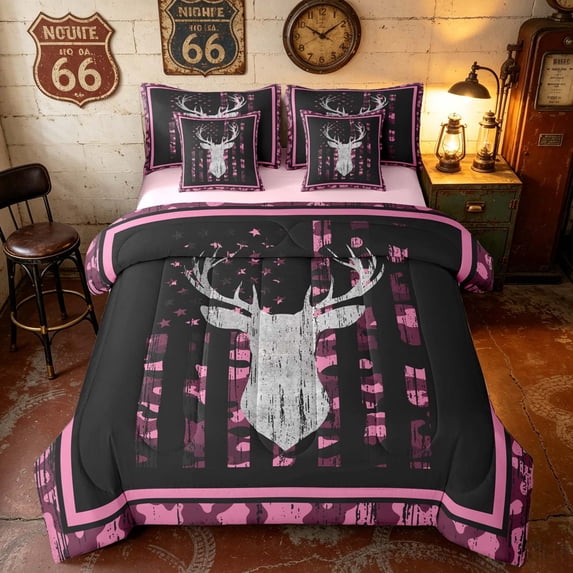 Manfei Hunting Deer Silhouette Twin Bedding, Camo American Flag Bedding Comforter Set, Pink Purple, Pink Reversible 7 Pieces