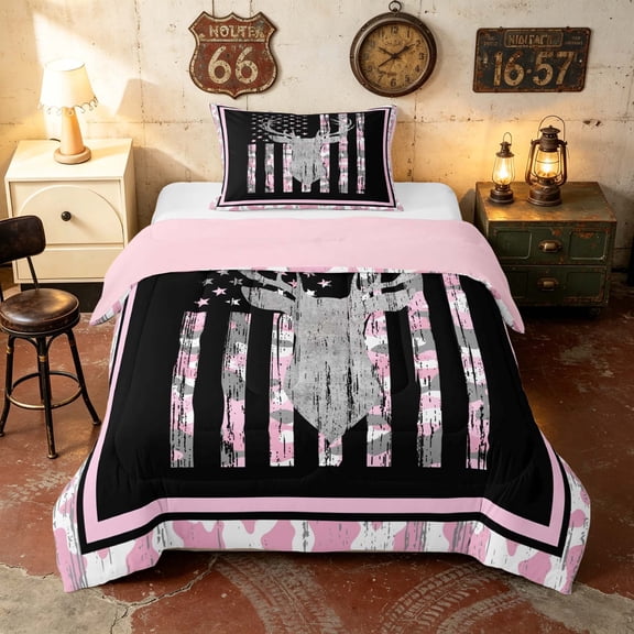 Manfei Hunting Deer Silhouette Twin Comforter Sets, Camo American Flag Bedding Set, Light Pink, Pink Reversible 2-Piece, 1 Comforter and 1 Pillowcase