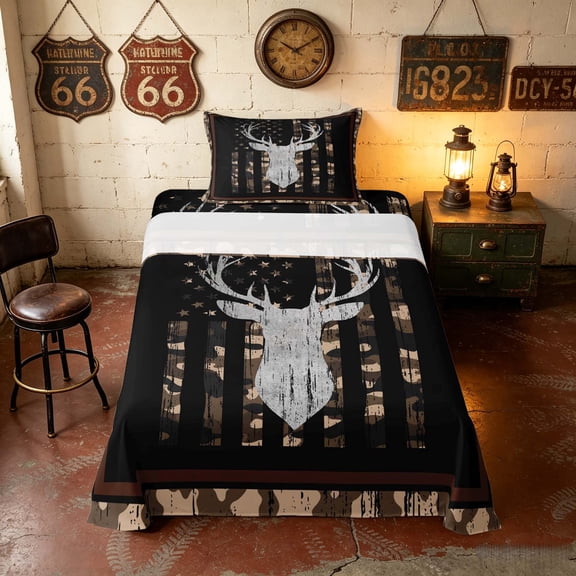 Manfei Hunting Deer Silhouette Twin Sheets, Camo American Flag Bedding, Brown, Black Reversible 3-Piece (1 Flat Sheet, 1 Fitted Sheet and 1 Pillowcase)